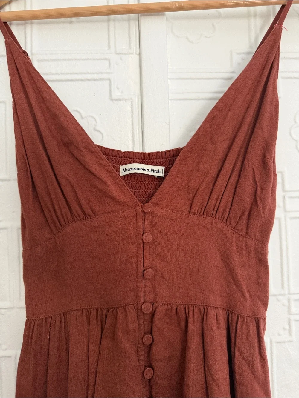 Abercrombie & Fitch Linen Blend Button-Front Maxi Dress Rust Brown XS